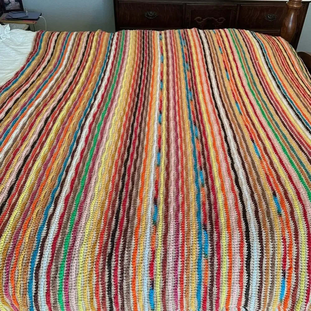 VTG Crochet Granny Throw Lap Blanket Multicolor Reversible Design 77 X 67